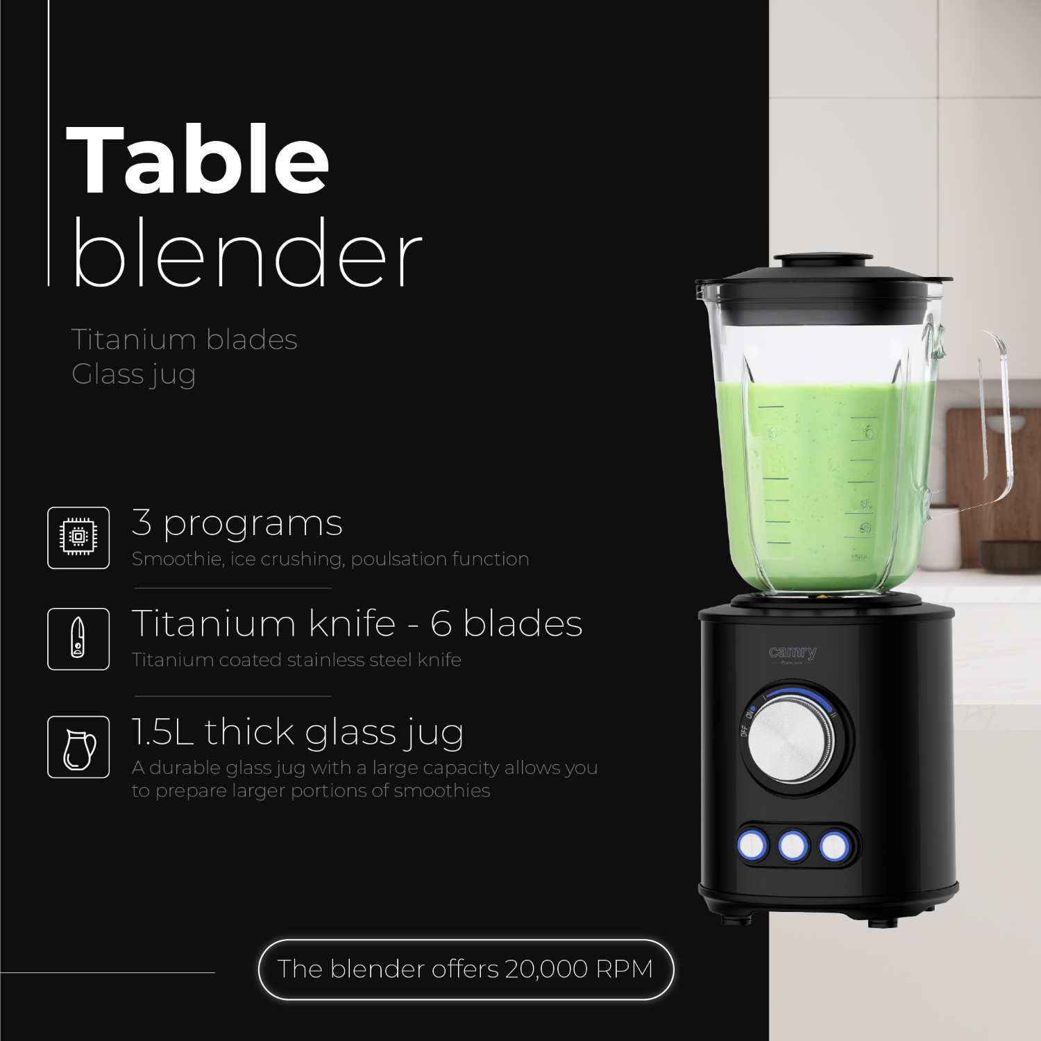 Camry Table blender 1.5L glass jug-CR 4088 - Image 6