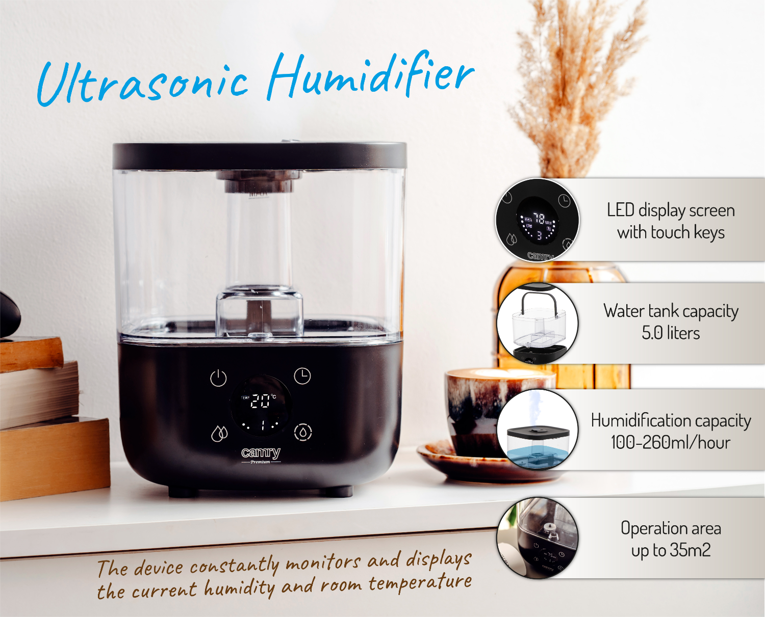 Camry Black Ultrasonic Humidifier- CR 7973 - Image 2